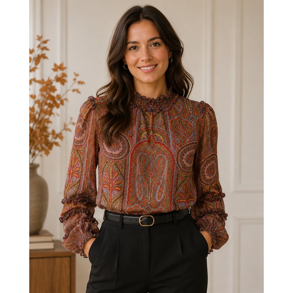 Ann Taylor Women's Small Paisley Blouse Ruffle Neck Long Sleeve Boho Vintage